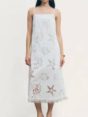 Maude Club Ciel White Seashell Eyelet Cotton Midi Dress Size Small